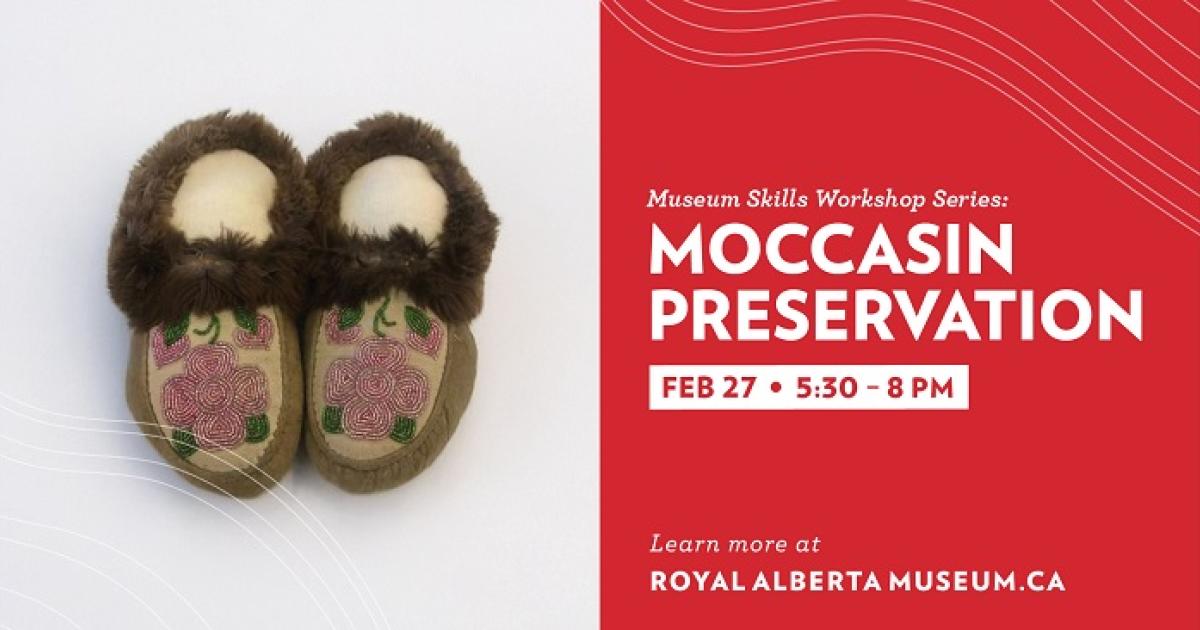 A pair of brown leather, fur lined and beaded Moccasins featured on the text-based Moccasin Preservation poster