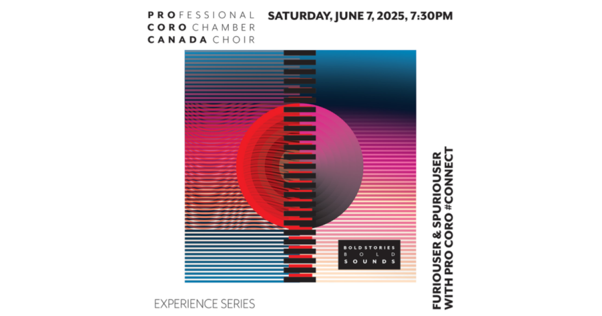 ProCoro concert poster for its "Furiouser & Spuriouser" concert with date, location and time listed around an abstracted red and purple sphere with a column of short horizontal red and black bars in front of it