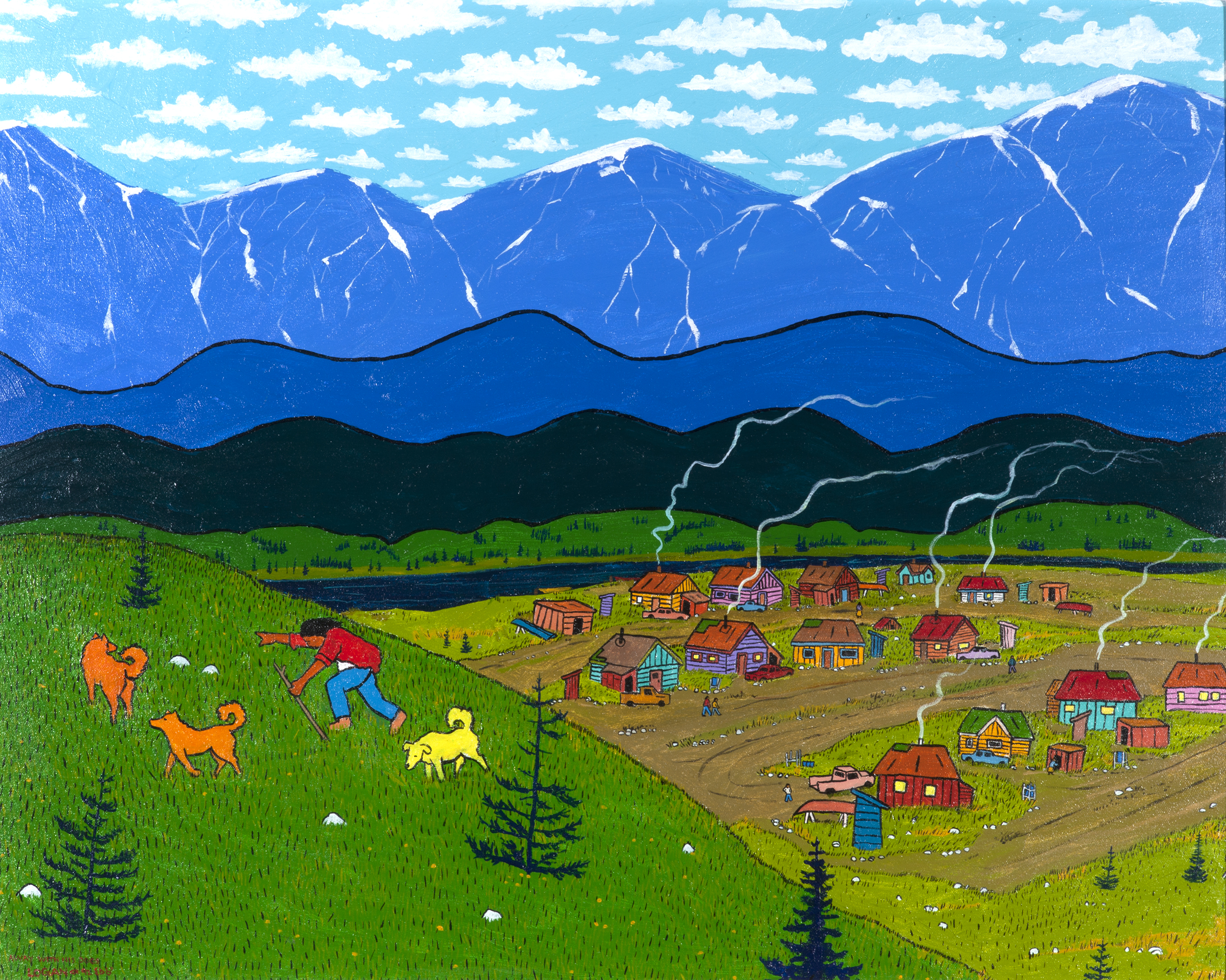 An artwork depicting a mountain landscape with clouds in the sky and foliage, houses, and dogs on the green grass.