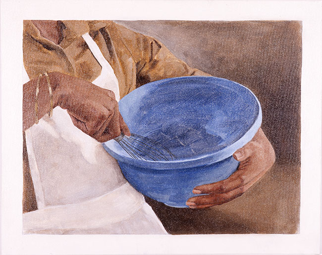 Artwork by Braxton Garneau titled “Dine,” which depicts a Black woman wearing a beige blouse and a white apron using a whisk on a blue mixing bowl.
