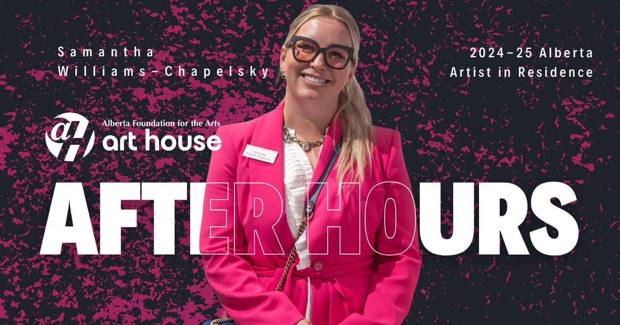 A blonde woman in a pink jacket and pink glasses stands in front of the After Hours text