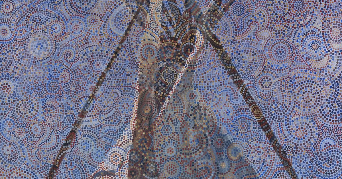 An artwork depicting the top of a tipi set against a beadwork-like pattern.