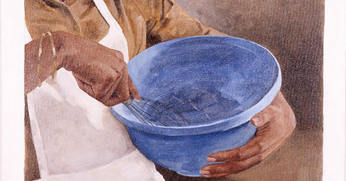 Artwork by Braxton Garneau titled “Dine,” which depicts a Black woman wearing a beige blouse and a white apron using a whisk on a blue mixing bowl.
