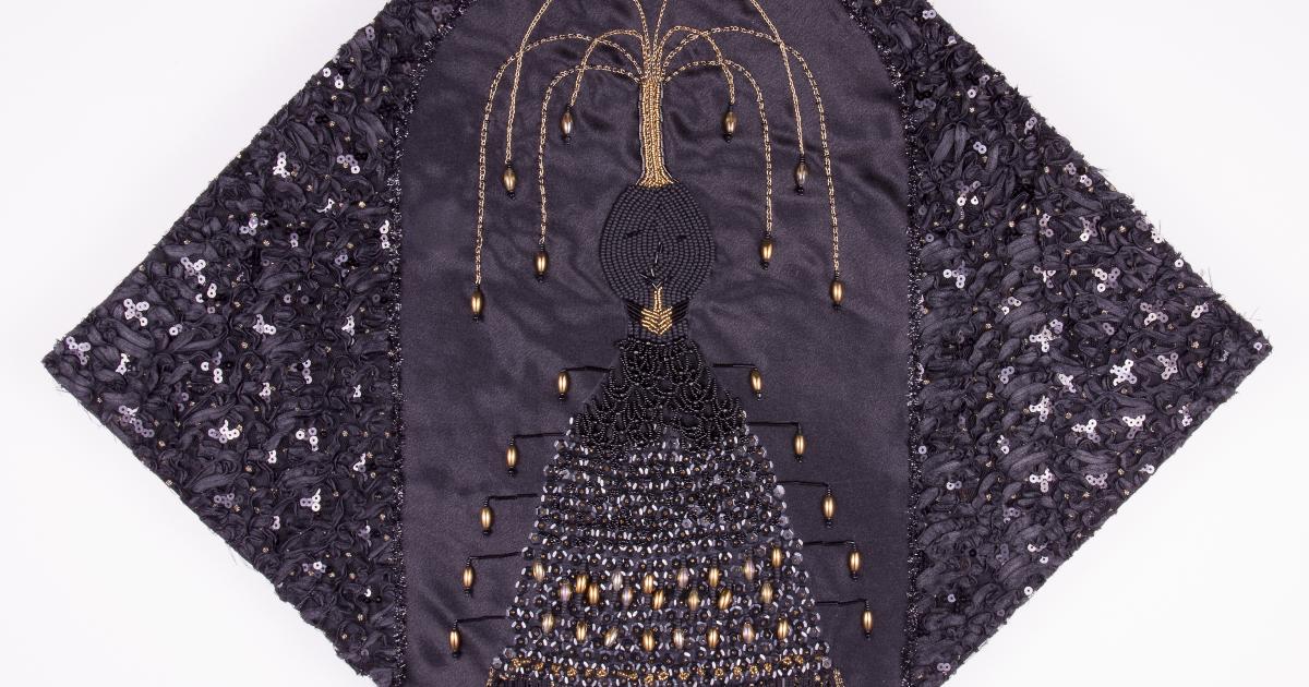 A mixed media collage of glass beads, sequins, upcycled fabric, metallic thread, cotton thread, trim, and osnaburg fabric.