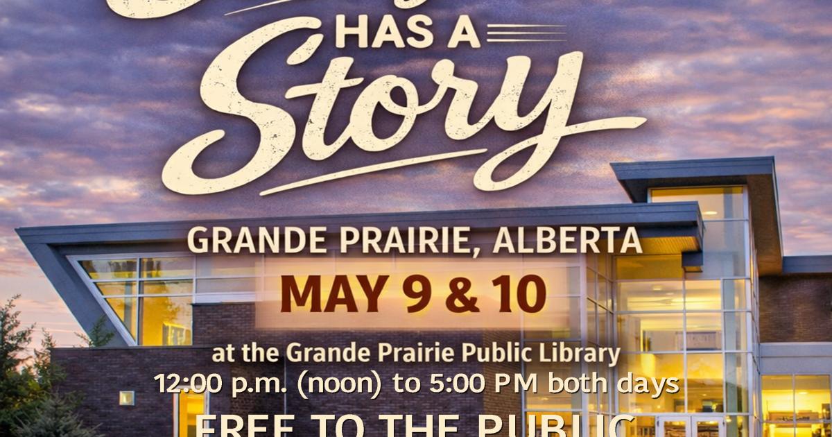 Promotional poster of John Wort Hannam’s Songwriting Workshop “Everyone has a Story” at Grande Prairie, Alberta on May 9 & 10. 