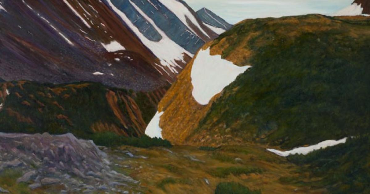 An artwork depicting a mountain landscape with clouds in the sky and foliage on the ground. 