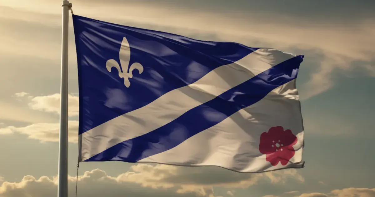 The Franco-Albertan flag is waving on a flagpole. The colours are blue and red with a fleur-de-lis and a wildrose flower.