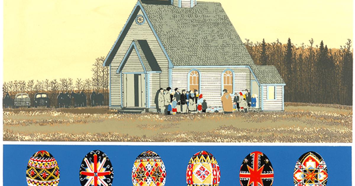 An artwork of a group of people gathered outside of a church in a remote location with a yellow sky and trees in the background. Underneath are six decorated Easter eggs of varying designs. 