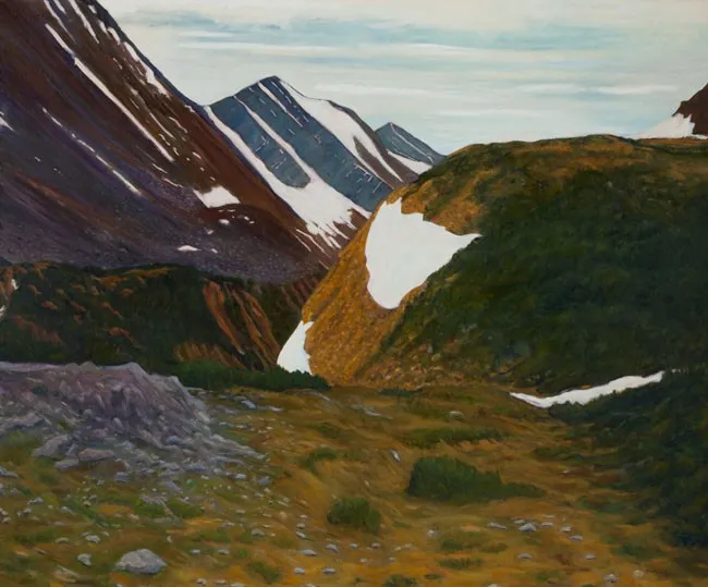 An artwork depicting a mountain landscape with clouds in the sky and foliage on the ground. 
