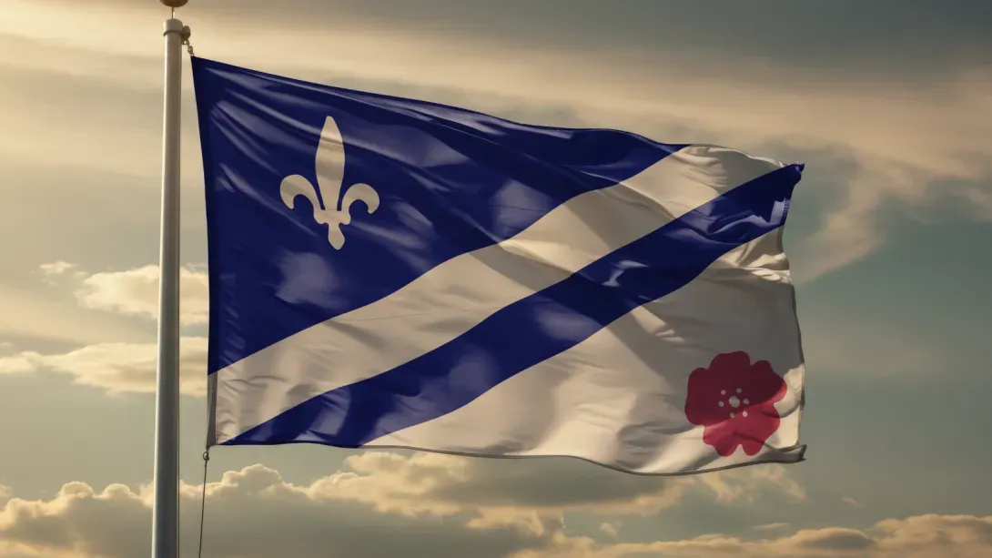 The Franco-Albertan flag is waving on a flagpole. The colours are blue and red with a fleur-de-lis and a wildrose flower.